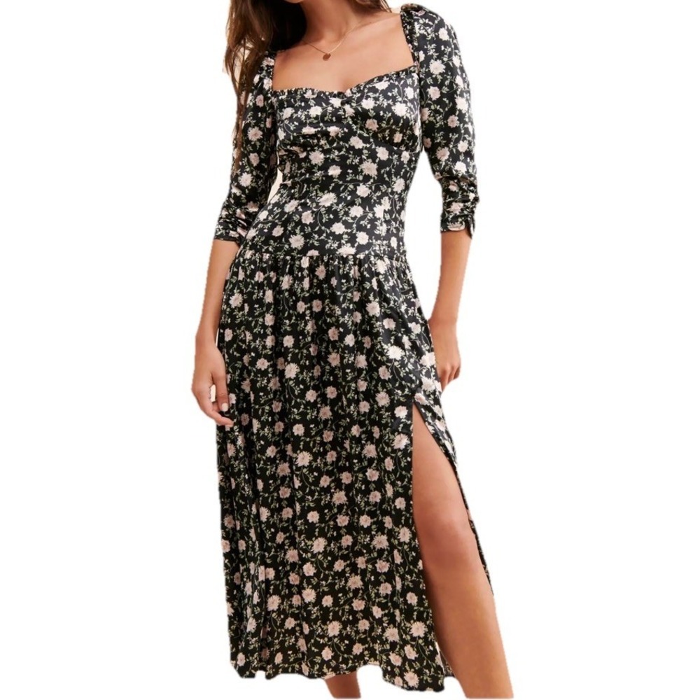 ASTR the Label - Sweetheart Black Satin Floral Midi Dress Romantic Coquette - M